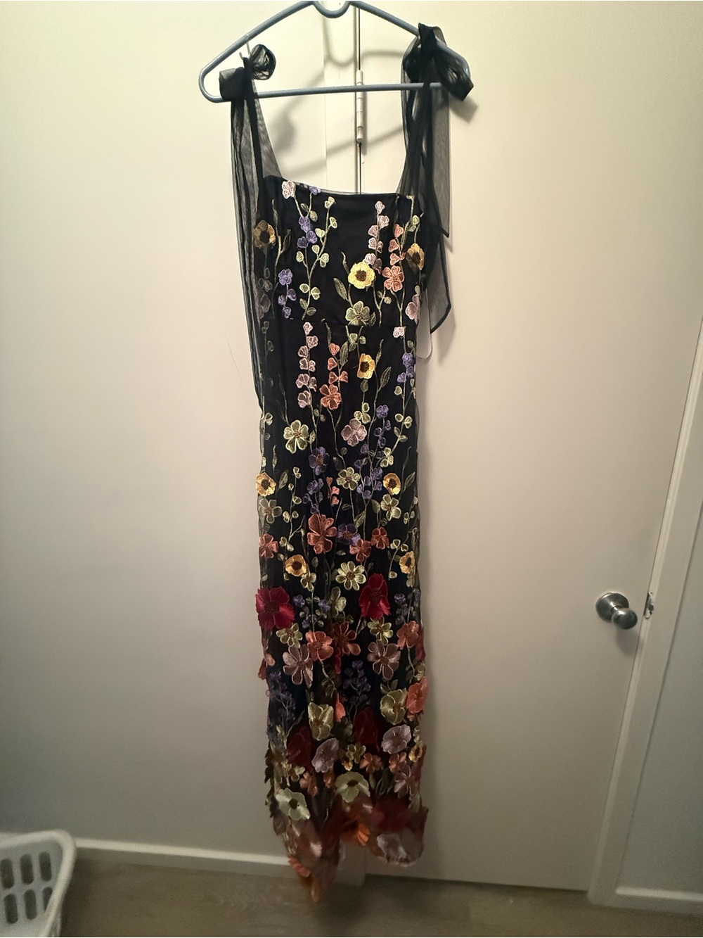 Lulu's Black Maxi Dress with Multicolor Floral Embroidery and Sheer Tie Straps